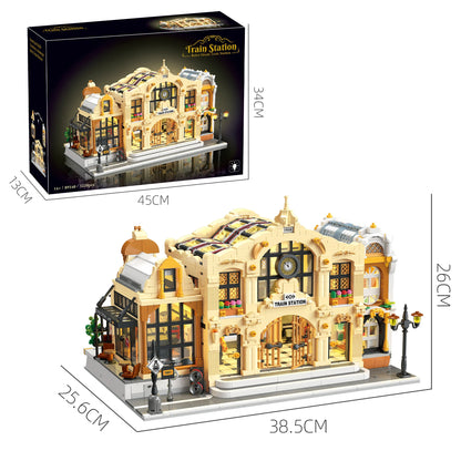 Miniature Train Station Building Blocks MOC DIY LED Light Model Desktop Home Decor Architectural Gift for Adults Kids