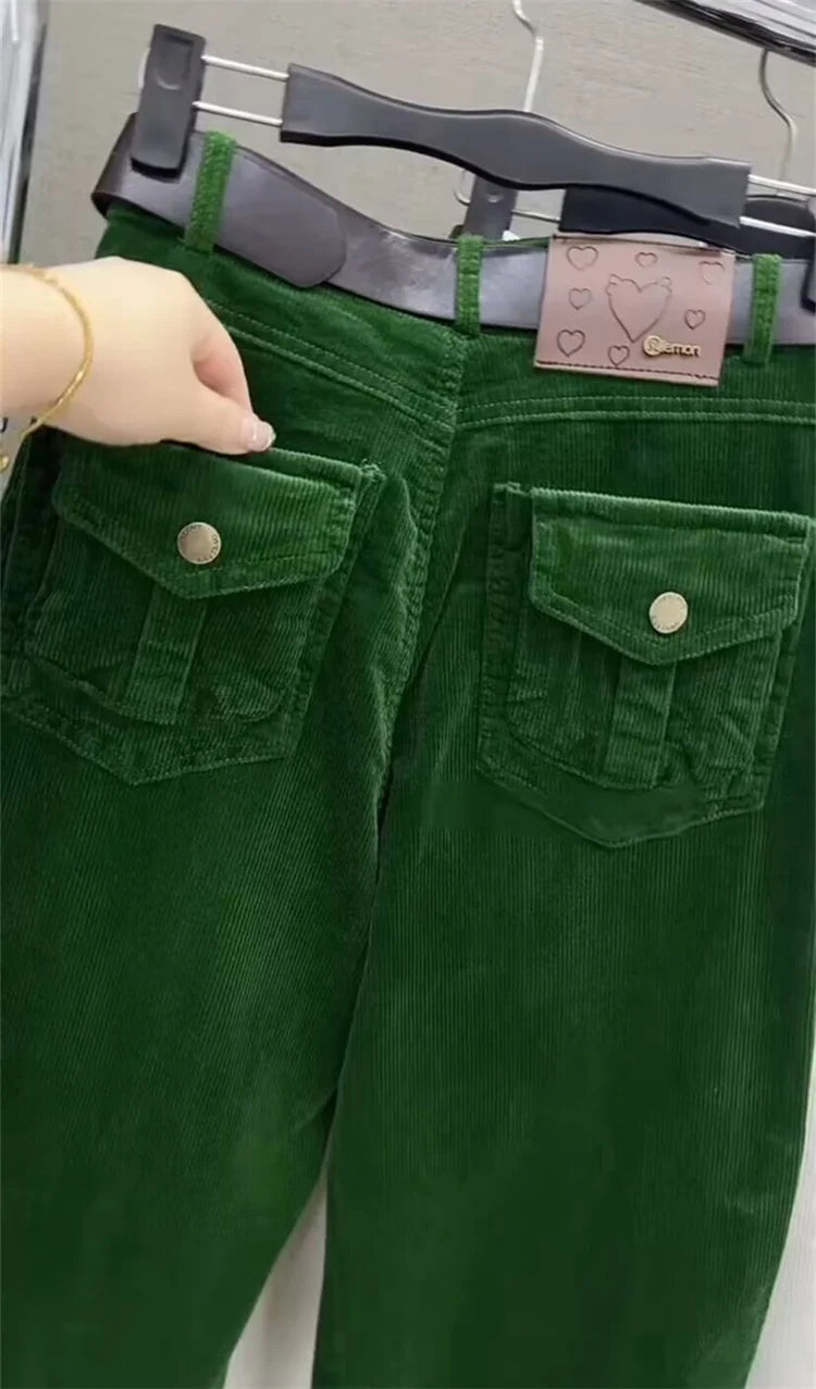 High Waist Cotton Corduroy Harlan Pants Slim Fit Casual Nine Point Knife  Straight Leg Crop Leisure Long Trousers