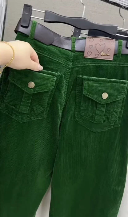 High Waist Cotton Corduroy Harlan Pants Slim Fit Casual Nine Point Knife  Straight Leg Crop Leisure Long Trousers