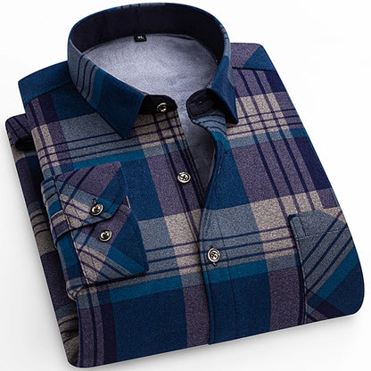 Winter Warm Shirt For Man Thickened Flannel Plaid Casual Menswear Long Sleeve Plus Fleece Big Size Regular Fit Smart Dress Shirt
