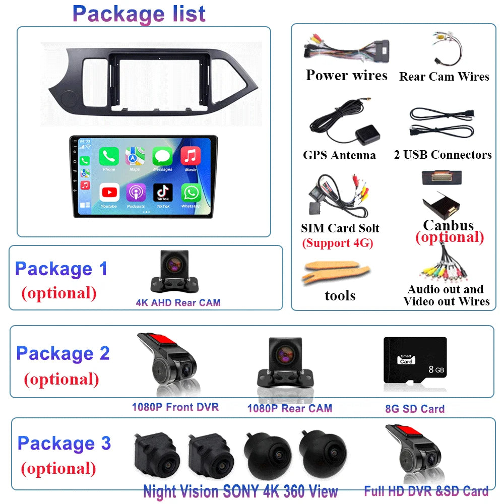 Android 16 For KIA PICANTO Morning 2011 2012 2013 2014 2015 2016 Carplay Auto Multimedia Car Radio Navigation Player WIFI+4G DSP