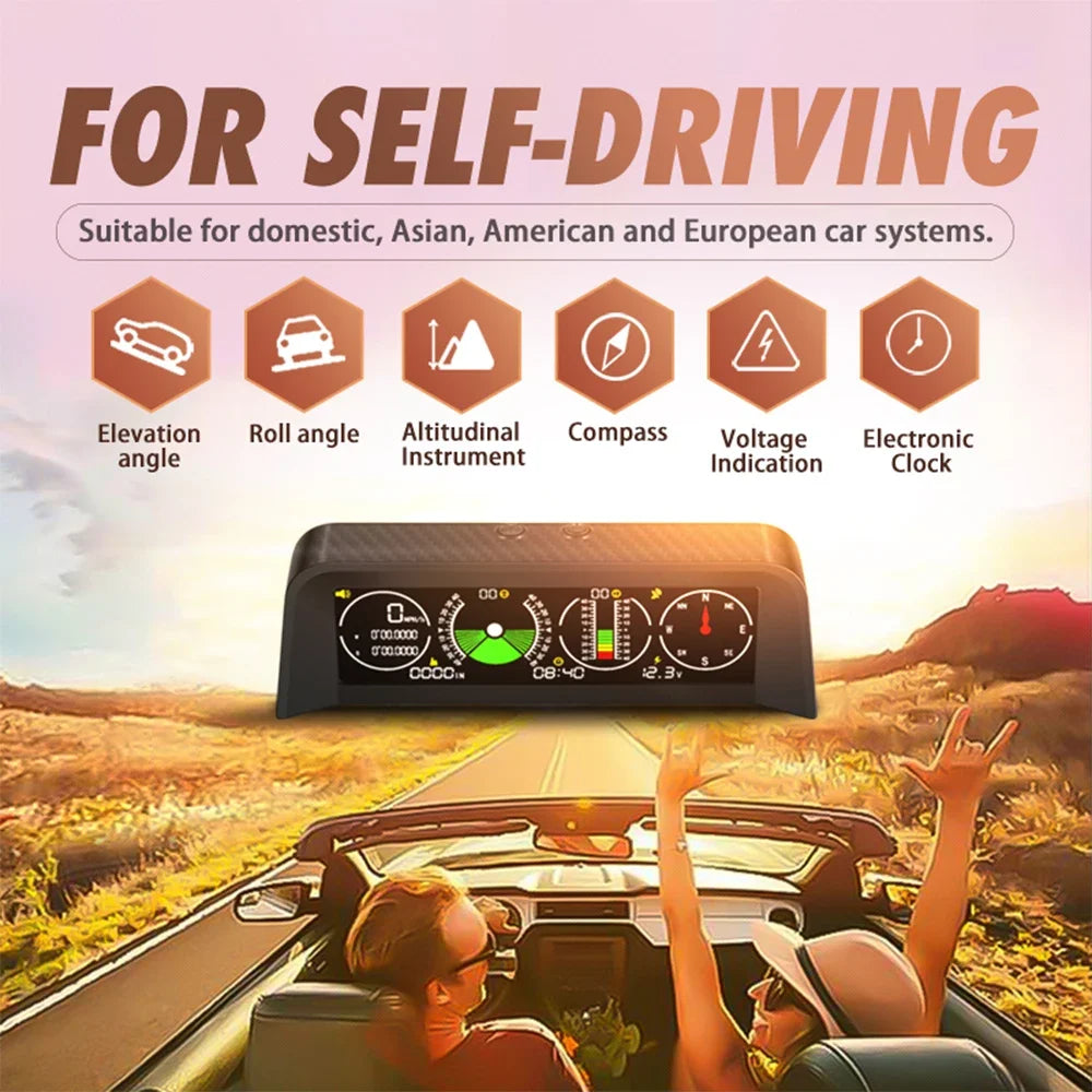 Newest Car Inclinometer Offroad Clinometer with HUD GPS Speedometer & Compass Time Volt Display for Universal Vehicles 12V 24V