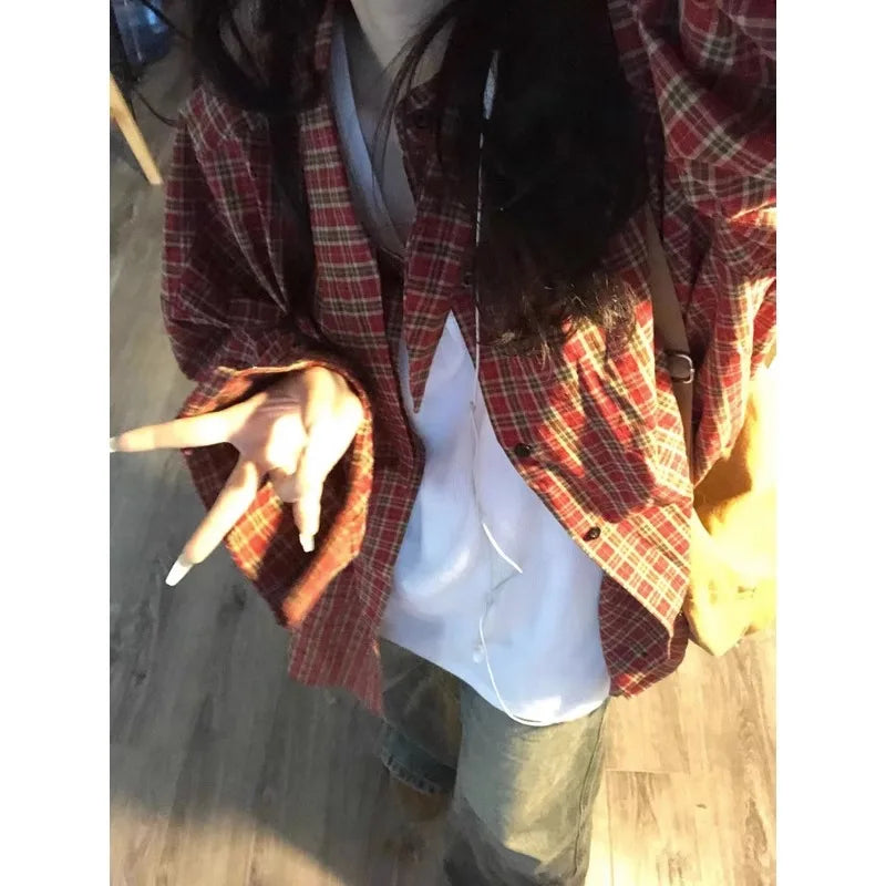 Red Plaid Loose Long Sve irt Women's Spring 2026 New Lazy Sle Coat Top Commute Pattern Button oulder Drop Length