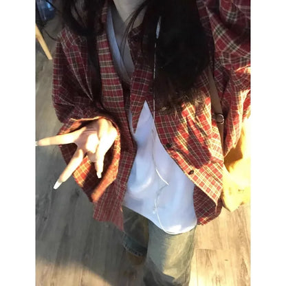 Red Plaid Loose Long Sve irt Women's Spring 2026 New Lazy Sle Coat Top Commute Pattern Button oulder Drop Length