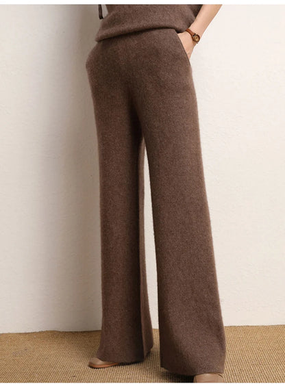 Women's 100% Cashmere Wide Leg Pants Knitted Thick Autumn/Winter Casual Solid Color Elastic Waistband Pockets