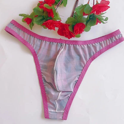 Plaid Thin Sexy Man's Thong Couple Bow Briefs Breathable Tanga T-Back Underwear