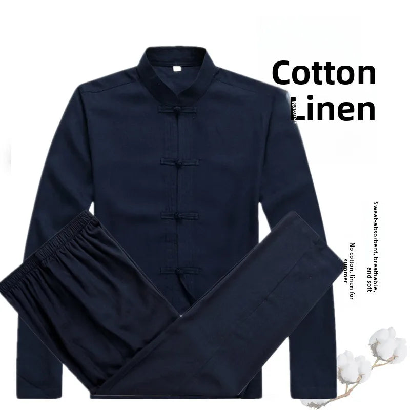 Spring Summer Large Size Linen Cotton Men's Tang Suit Ethnic Style Hanfu Set Home Wear Comfortable Loose Fit Traditional Chin...