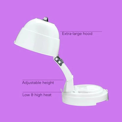 Bonnet hair dryer for salon use, ionic plastic white model with 2 heat settings, adjustable height, extra-large hood, 1875W pow