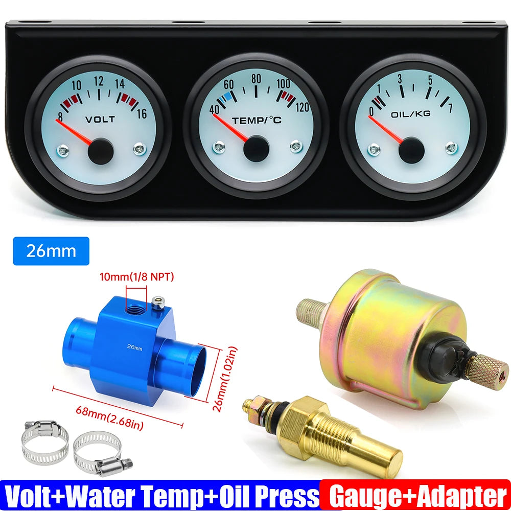 3IN1 Triple Meter Kits Gasoline Car 12V 52mm Voltage+Water Temp+Oil Pressure Gauge with Sensor Radiator Hose Adapter 26MM-40MM