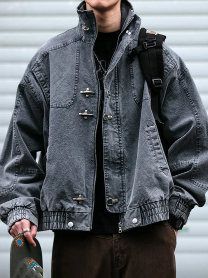 Mens Denim Jacket American Vintage Heavy Washed Distressed Workwear Stand Collar Streetwear Trendy High Quality Hip Hop Casual