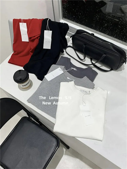 Lemon Women's Loose Short Sleeve T-Shirt Korean Style round Neck Base Shirt Inner Wear Simple Fashion Spring Autumn Top