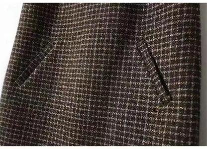 Retro Plaid Woolen Vest Dress Women's Autumn Winter Thickened Mid-Length Sleeveless H-Shape round Neck Backless Midi Dress