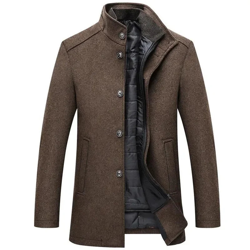 2026 Men Winter Windbreaker Long Thick Wool Jackets Abrigo Hombre Man Stand Collar Single Breasted with Vest Woolen Coats