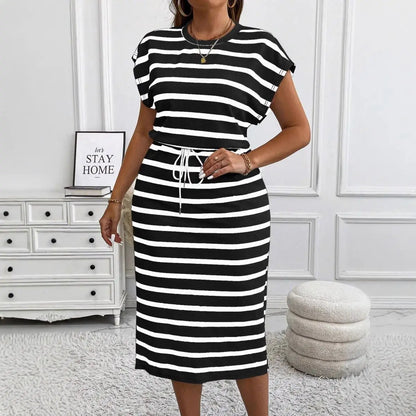 Summer Large Size Women's Clothing Casual Striped Short-sleeved Round Neck Waist Dress New Temperament Thin Plus Size Dresses