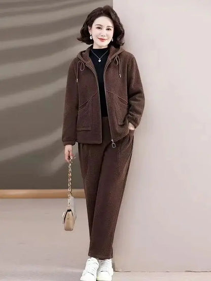 Winter Thickened Large Size Mid-aged Casual Two-piece Set Fleece-lined Comfortable Commute Style High Waist Long Pants