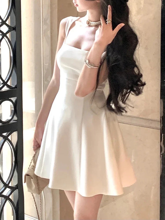 Elegant Korean Fashion Summer Evening Party Red U-neck Sling Dress Lady Casual High Waist Sleeveless Strap Mini Dress for Women
