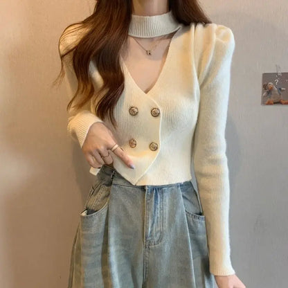 Elegant V-Neck Bubble Sleeve Knitwear Short Top Fashion Trend Neck Hanging Style Girl's French Style Slim Fit Long Sleeve Autumn