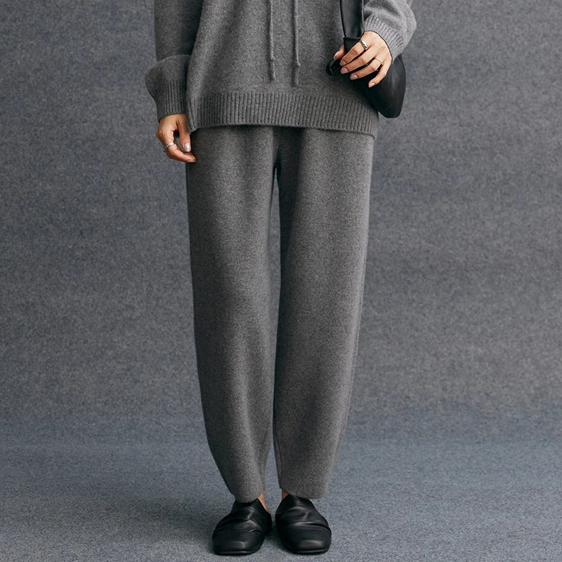 Women's 100% Cashmere Casual Solid Color Knitted Jogging Pants Elastic Waist Sports Pants with Pocket Thickened Warm