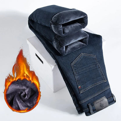 Winter Hot Sale Thickened Warm Jeans Men Chic Slim Fit Straight Leg Denim Trousers Male Youth Popular Stretch Fleece Pants