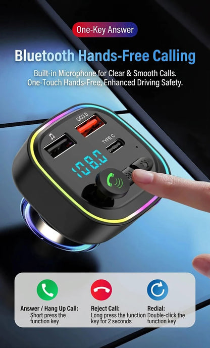Car Bluetooth FM Transmitter Audio Adapter With RGB Ring Light Dual USB QC3.0 And Type-C Fast Charger Hands-Free MP3 Player