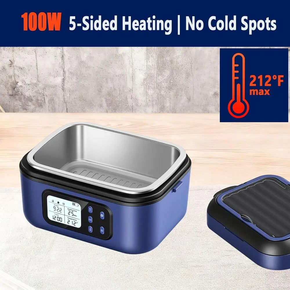 Portable Electric Heated Lunch Box for Adults, Battery-Powered, 2 x 6.3-Cup Capacity, Rechargeable, Ideal for Work, Travel, and