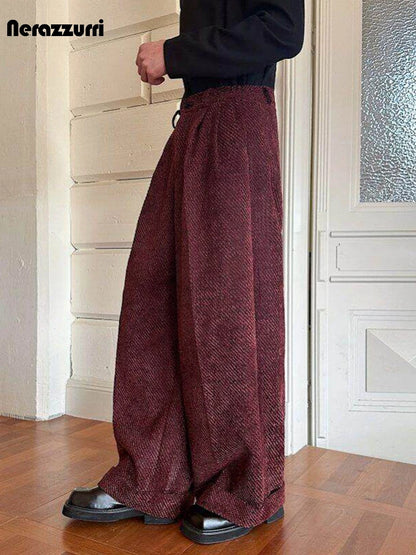 Nerazzurri Spring Autumn Long Velvet Wide Leg Pants for Men High Waist Loose Casual Flowy Soft Luxury Menswear Clothing 2026