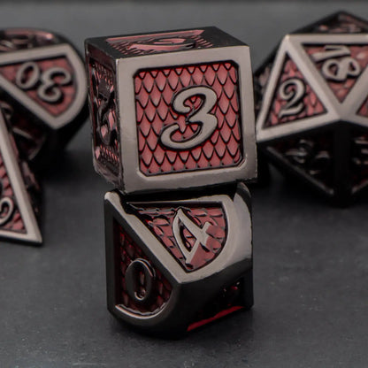 DND Metal Dice Set Black Red Dungeon and Dragon scale Dice D&D Polyhedral Dice RPG D and D Role Playing Games Dice