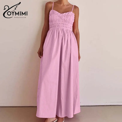 Oymimi Fashion Pink Cotton Women's Dress Elegant Spaghetti Strap Open Back Solid Dresses Casual High Waist Ankle-Length Dresses