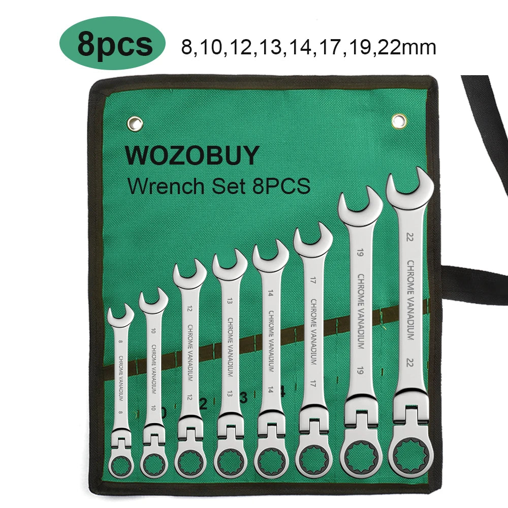 Ratchet Spanner Wrench Set Gear Ring Ratcheting Combination Wrench Kit Metric Flexible Head with Canvas Bag  Metric Flex Head