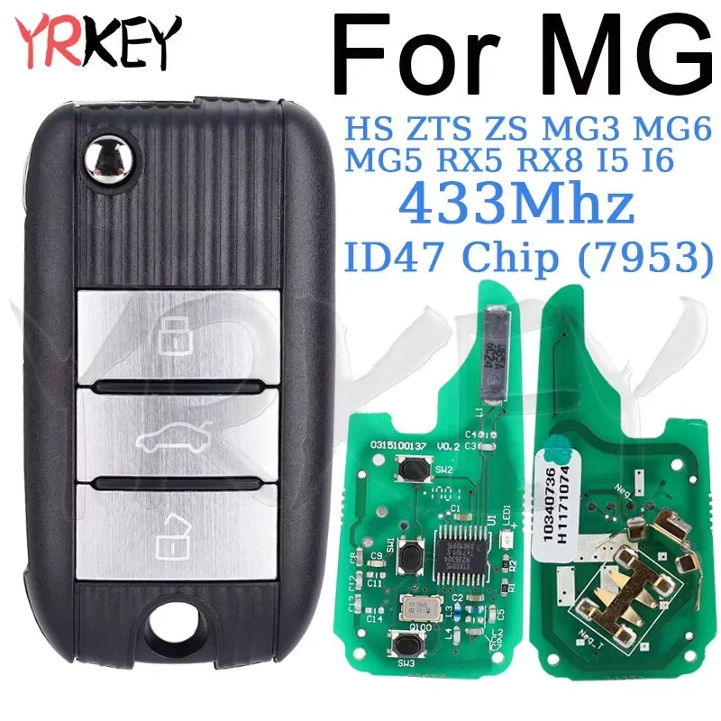 Smart Remote Key for MG HS ZTS ZS MG3 MG6 MG5 RX5 RX8 I5 I6 Flip Folding Key Case 433Mhz with ID47 Chip (7953) Car Key 3 Buttons