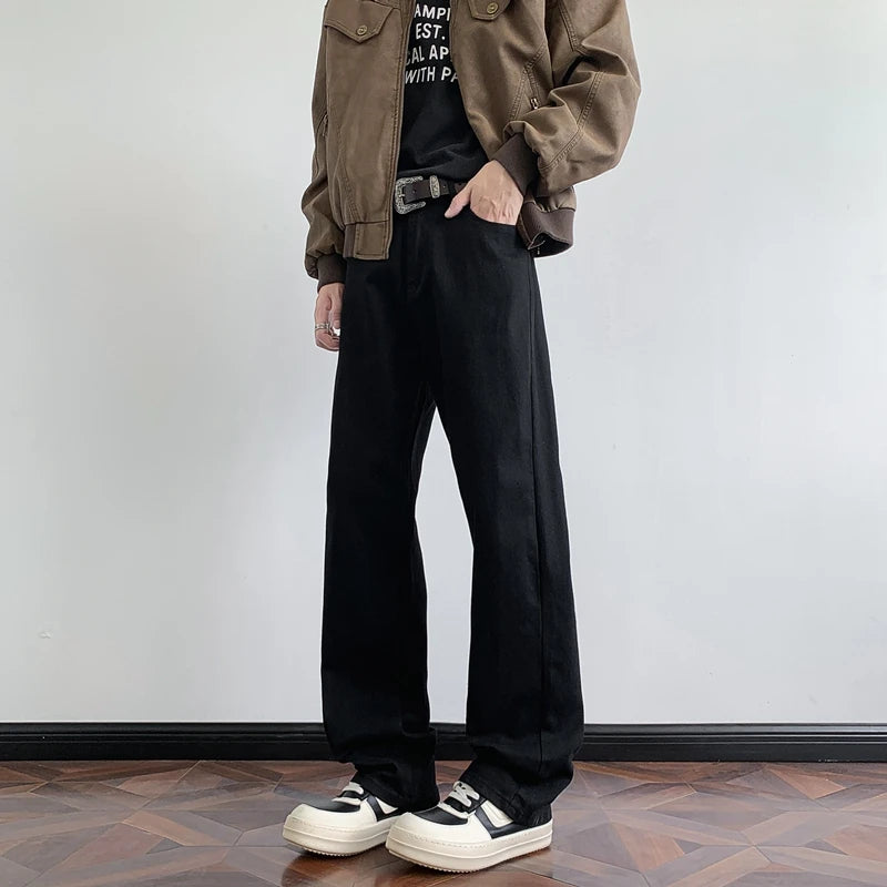 Men's Retro Faded Grey Jeans American Vintage Washed Elastic Denim Pants Loose Wide Leg Casual Streetwear Straight Jean Trousers
