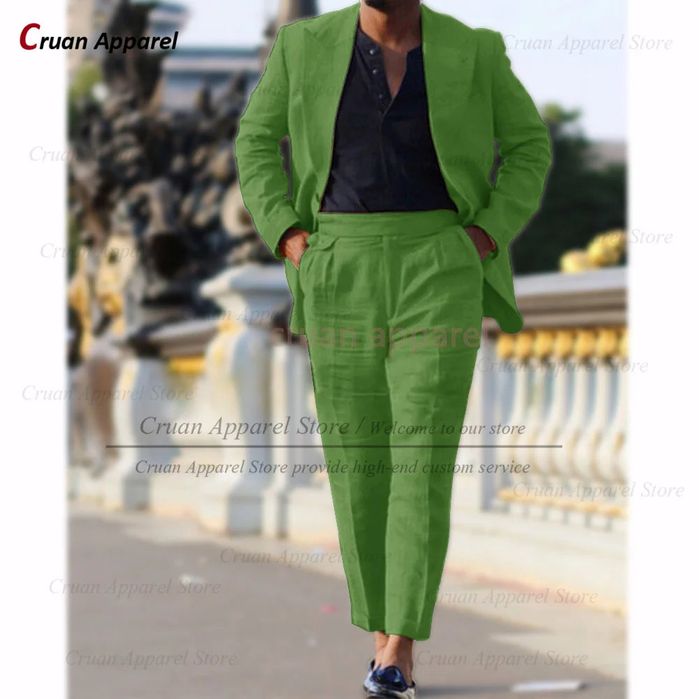 Classic Summer Linen Suit Sets For Men Smart Casual Blazer And Pants 2 Pieces Formal Evening  Fashion Slim Fit Suit Attire