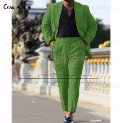 Classic Summer Linen Suit Sets For Men Smart Casual Blazer And Pants 2 Pieces Formal Evening  Fashion Slim Fit Suit Attire