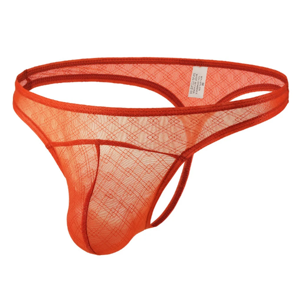 Quick Drying Men Mesh Lingerie See Through Plaid Fashion Thongs G-String Low Rise Soft Underwear Sexy Bikini