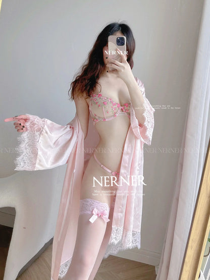 Sexy Floral Embroidery Mesh Bra Set Sweet Sheer Lace Lingerie Soft Comfort Breathable Underwear Suit Party Dating Daily Wear Bra