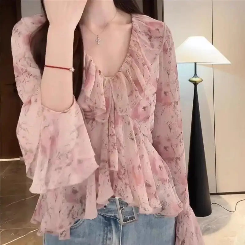 Comfortable Summer Large Size Floral Print V-Neck Women's Shirt Trendy Chiffon Fashionable Pink Collar Versatile Korean Style