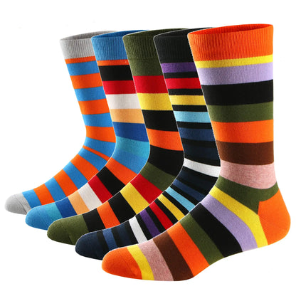 5Pairs Mens Fun Dress Socks, Pattern Funny Socks Pack, Colorful Striped Combed Cotton Novelty Socks，Cool Breathable Casual Socks