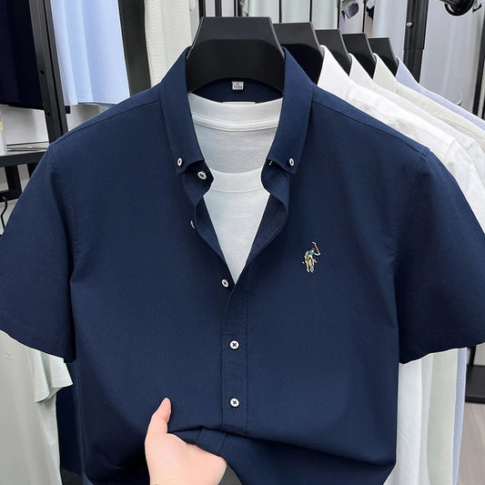 High-end Embroidered Summer 100% Cotton Short-sleeve Shirt for Men, Embroidered Youth Shirt, Business Casual Half-sleeve