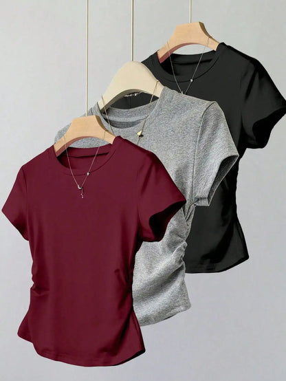 Women 3 Pack Solid Color T-Shirt Casual Ruched Side Crew Neck Short Sleeve Slim Fit Top Set
