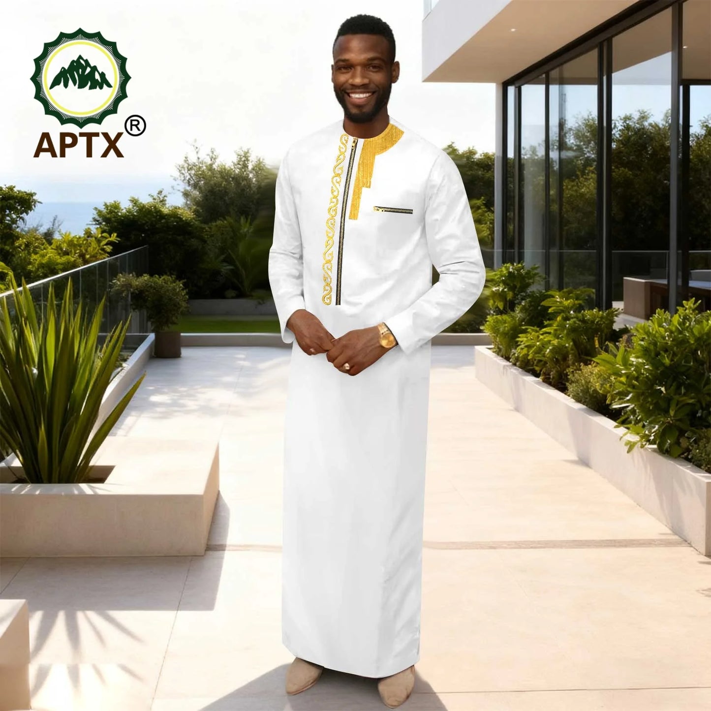 APTX Men's Traditional Muslim Robe 3-Pcs Set Long Sleeves African Dress Middle East Jubba Thobe Wedding Suit