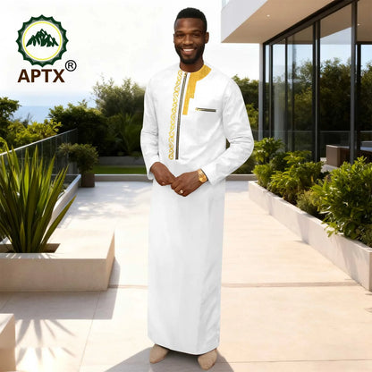APTX Men's Traditional Muslim Robe 3-Pcs Set Long Sleeves African Dress Middle East Jubba Thobe Wedding Suit