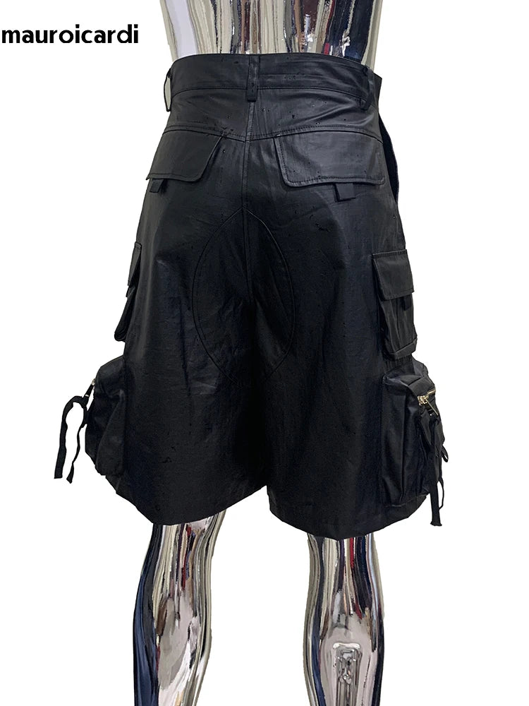 Summer Autumn Waterproof Black Pu Leather Cargo Shorts for Men with Three-dimensional Pockets Cool Luxury Designer Emo Clothes