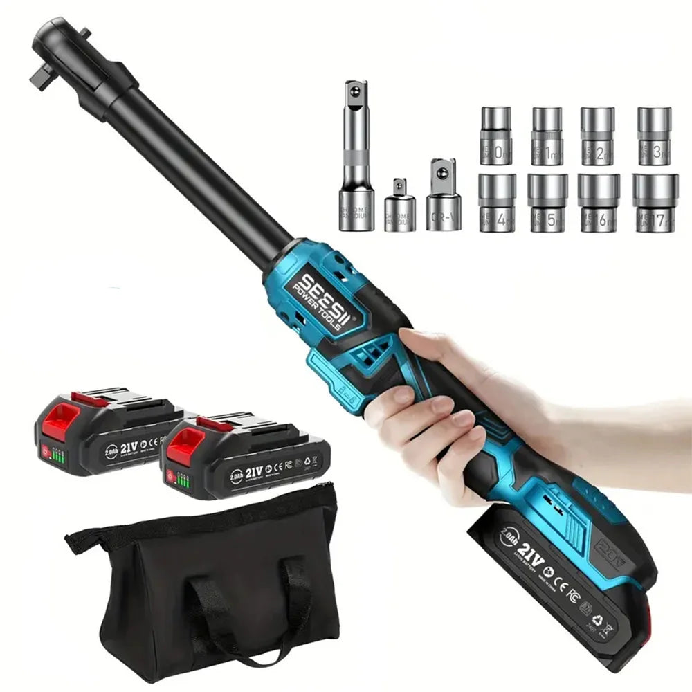 Seesii 21V 6.3'' Extended Electric Ratchet Wrench 3/8"80Nm Cordless Electric Wrench Rechargeable Angle Wrench Car Handheld tools
