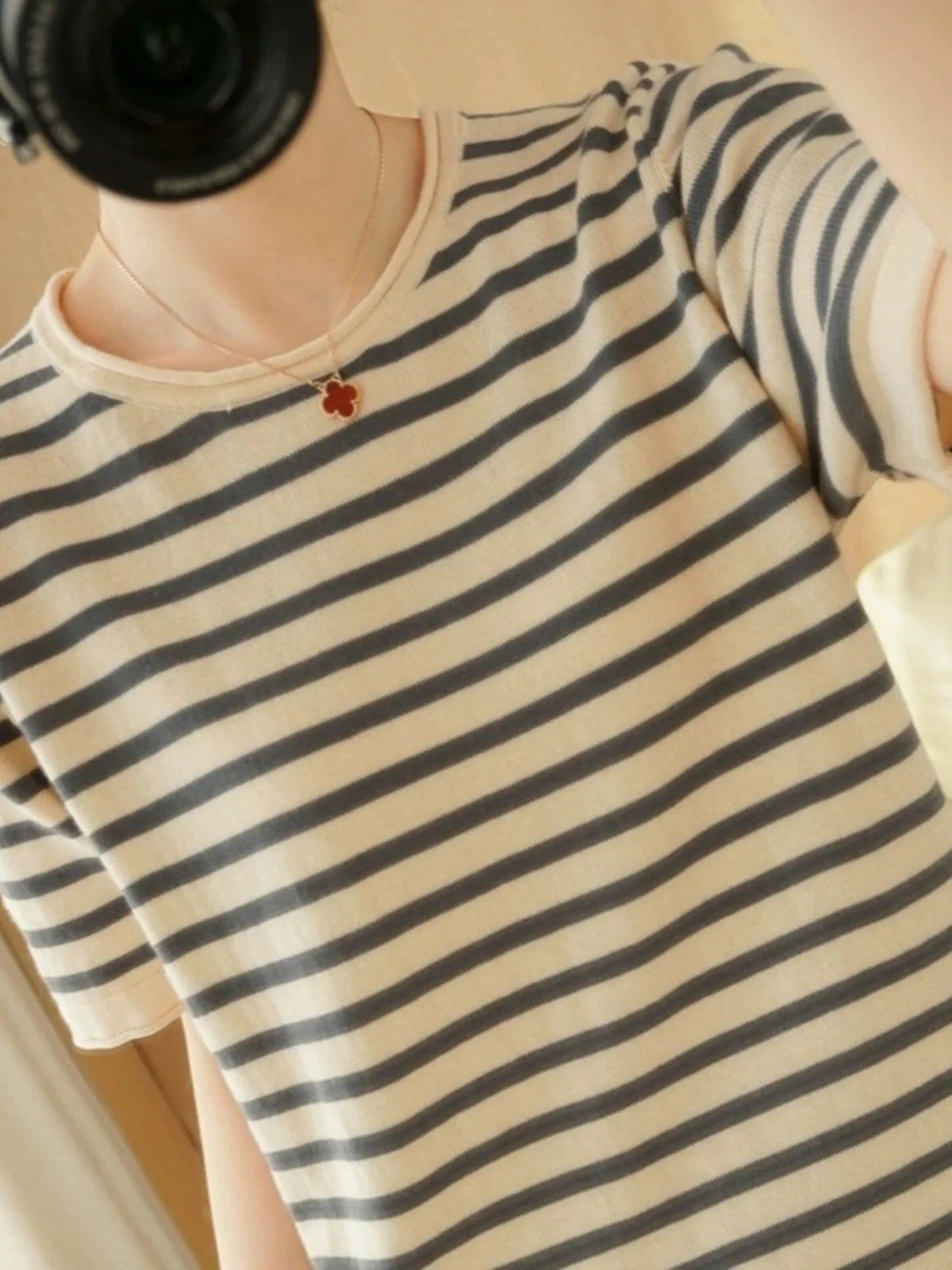 100% Pure Cotton Summer Stripe Short Sleeve T-Shirt Women Loose round Neck Vest Cotton Linen Half Sleeve Commute Style Simple