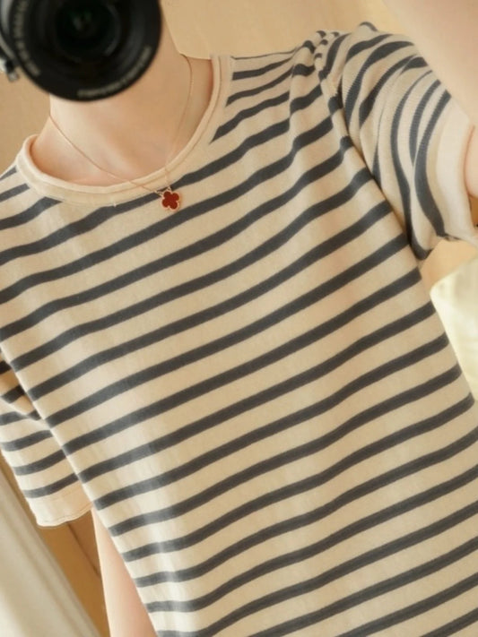 100% Pure Cotton Summer Stripe Short Sleeve T-Shirt Women Loose round Neck Vest Cotton Linen Half Sleeve Commute Style Simple