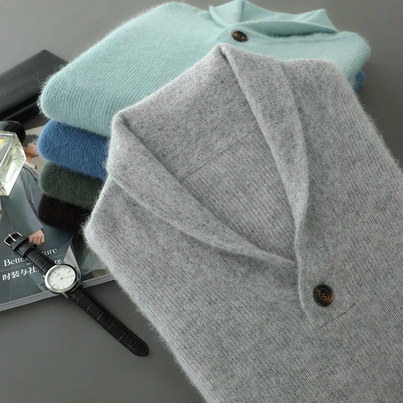 New 100% mink velvet men's olive neck knitted sweater in autumn and winter: solid color loose padded casual bottoming shirt.
