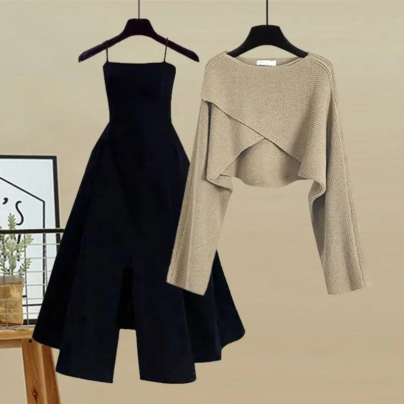 Spring and Autumn Set Women's 2023 New Korean Fashion Cross Knitted Sweater Age Reducing Sling Dress Two Piece Set