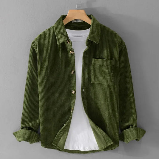 Men's Wear Corduroy Long Sleeve Shirt, 100% Cotton Casual Youth Vintage, Army Green Workwear Thickened Single-Breasted Coat