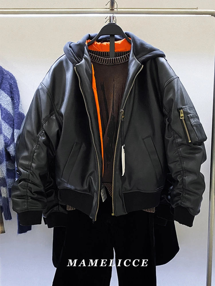 MAMELICCE Original design Hooded Splicing Faux leather jacket Men's clothing Thickened coat Cotton jackets Autumn and winter top