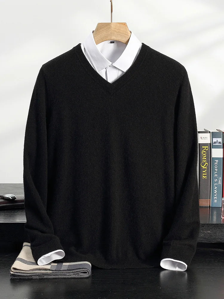 100% Cashmere Sweater Men's V-Neck Knit Pullover 2025 Spring/Autumn New Solid Color Long Sleeved Tops Business Casual Menswear